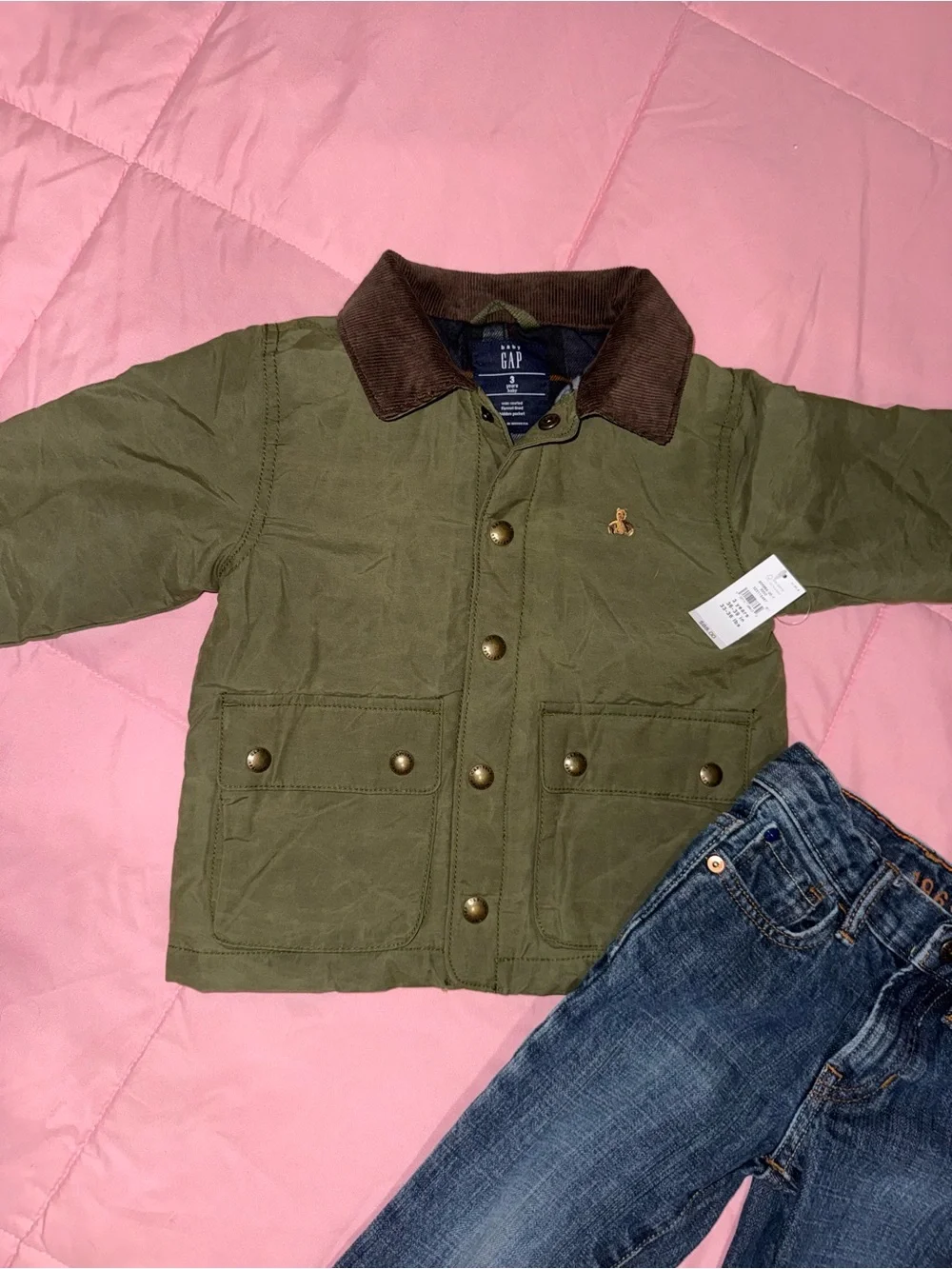 3T GAP Kids Olive Green Canvas Pea Coat with Brown Collar, Carhartt Shirt.